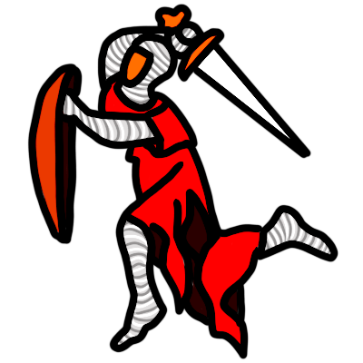 a high constrast symbol of a knight, based on medieval marginalia, wearing mail and a red tunic, kneeling with shield up and sword raised behind head.